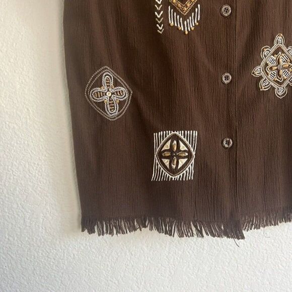 Alfred Dunner Womens Vintage 90s Brown Beaded Embroidered Fringe Blouse Size 8 - Picture 7 of 9